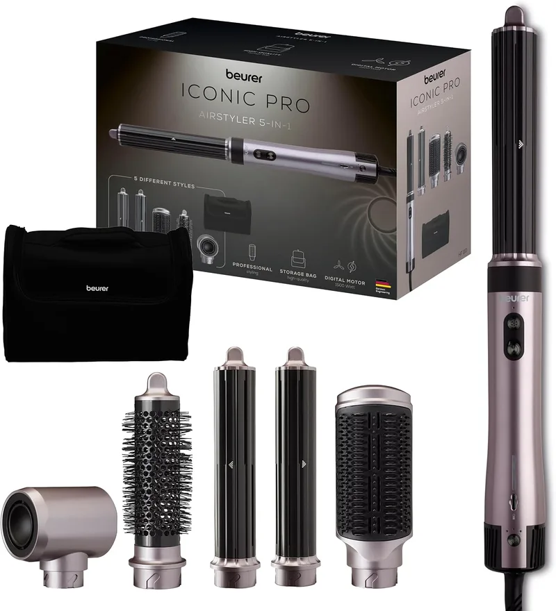 Beurer ▫️ HT 110 Airstyler 5 em 1, modelador de cabelo multifuncional para caracóis, alisamento e volume, penteado suave para todos os tipos de cabelo, cerâmica com turmalina, tecnologia iônica, 5 acessórios