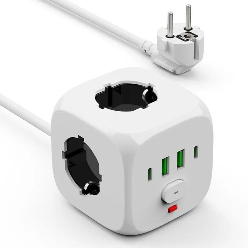 ToneRiso ▫️ Cubo com 7 entradas USB, Cubo com extensão de 2 m, Extensão com entradas USB-C | Tripla, com interruptor, proteção contra sobretensão, extensão de parede para casa, escritório e viagens, Branco
