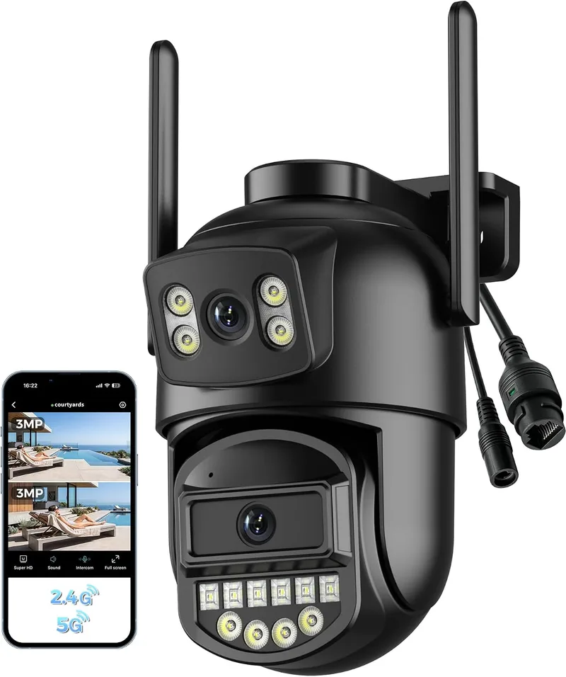 ANBIUX ▫️ Câmara de vigilância exterior Wi-Fi com lente dupla 2K, câmara de vigilância de 2,4/5 GHz, PTZ de 360°, Ethernet, visão noturna a cores, áudio bidirecional, deteção de pessoas, cabo de 2 m