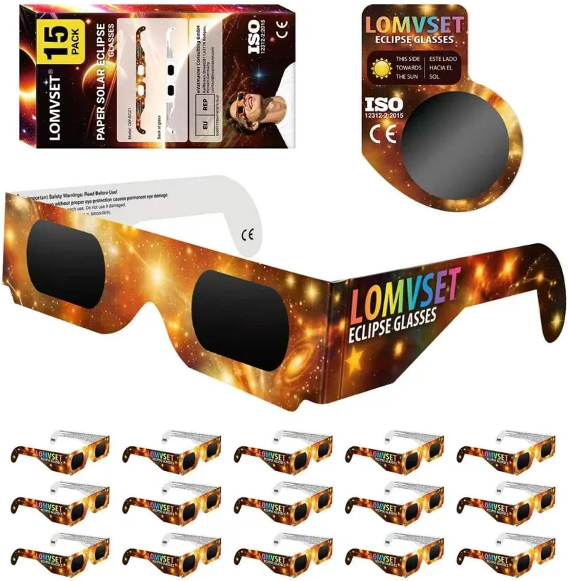 Lomvset ▫️ Conjunto de 15/30 óculos para eclipse solar homologados segundo a norma ISO 12312-2 CE - 2026 Óculos seguros para ver o eclipse solar, certificados com proteção contra raios UV e infravermelhos, para adultos e crianças + filtro para telemóvel