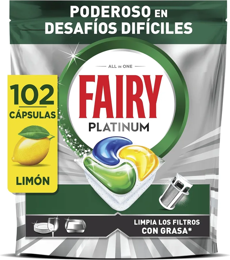 FAIRY ▫️ Platinum Cápsulas para Máquina de Lavar Louça, Limão, 34 Cápsulas, Potentes Mesmo Com os Restos de Comida Mais Difíceis, Pratos Limpos, Máquina de Lavar Louça Brilhante, Filtro Limpo Sinasa (Embalagem de 3)
