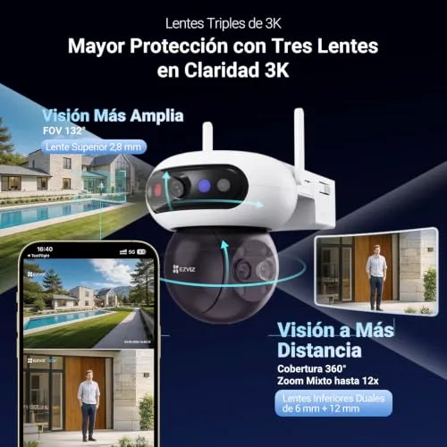 EZVIZ ▫️ Câmara de 15 MP (5+5+5 MP) para vigilância exterior Wi-Fi com energia solar, bateria, zoom misto de 12x, lente tripla 3K, sem fios, 360°, AOV, deteção de pessoas por IA, Kit CB90F 3