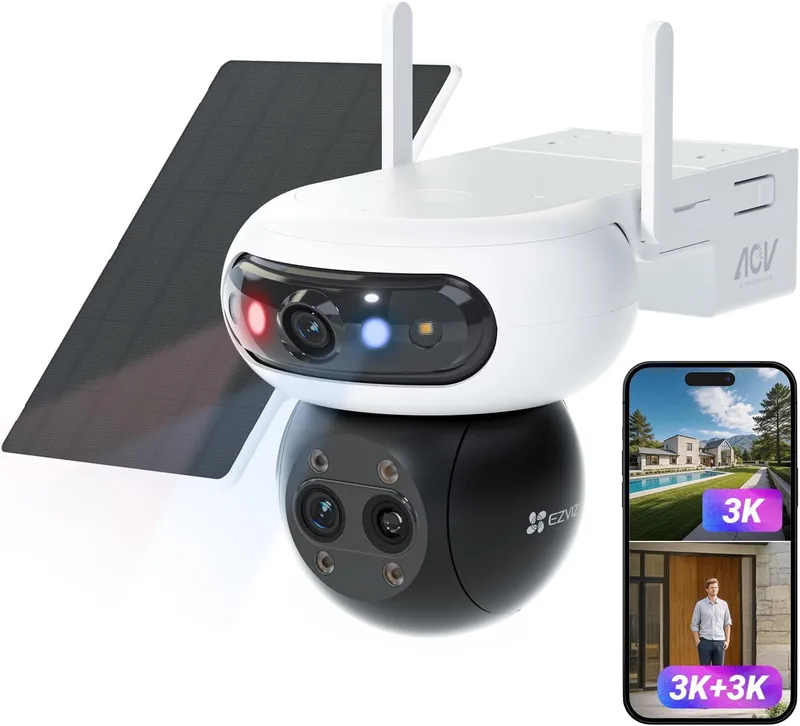 EZVIZ ▫️ Câmara de 15 MP (5+5+5 MP) para vigilância exterior Wi-Fi com energia solar, bateria, zoom misto de 12x, lente tripla 3K, sem fios, 360°, AOV, deteção de pessoas por IA, Kit CB90F