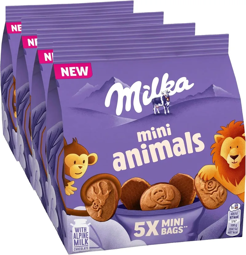 Milka ▫️ Mini Animals, Bolachas Cobertas com Chocolate de Leite dos Alpes, Embalagem de 5 x 19,9 g (Embalagem de 4)