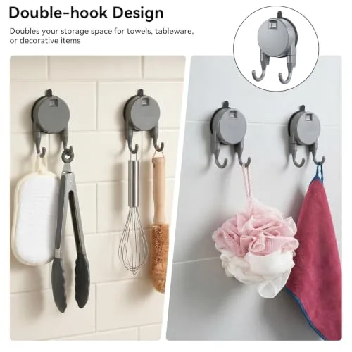 OTraki ▫️ Conjunto de 2 ganchos duplos com ventosas, ganchos de parede em ABS cinzento que poupam espaço, reutilizáveis, sem necessidade de perfurar, ideais para casas de banho. Espaço entre os ganchos de 4,2 cm 2