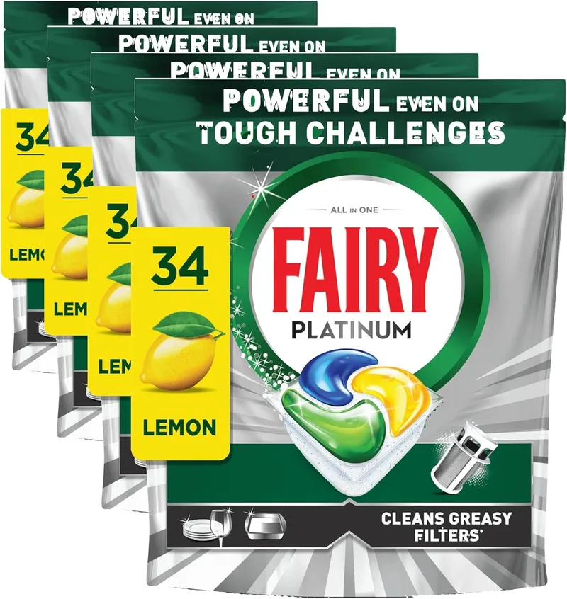 FAIRY ▫️ Platinum Cápsulas para Máquina de Lavar Louça, Limão, 34 Cápsulas, Potentes Mesmo Com os Restos de Comida Mais Difíceis, Pratos Limpos, Máquina de Lavar Louça Brilhante, Filtro Limpo Sinasa (Embalagem de 4)