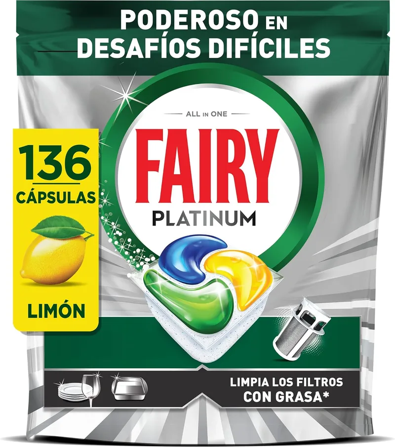 FAIRY ▫️ Platinum Cápsulas para Máquina de Lavar Louça, Limão, 34 Cápsulas, Potentes Mesmo Com os Restos de Comida Mais Difíceis, Pratos Limpos, Máquina de Lavar Louça Brilhante, Filtro Limpo Sinasa (Embalagem de 4)