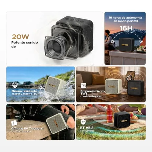 DOOGEEEco ▫️ Altifalante portátil Field Pulse, altifalantes portáteis com 20 W de potência de pico e graves potentes, autonomia de até 19 horas, IP67 TWS, compatível com TF/USB/AUX, com alça para acampamentos, passeios e atividades 2