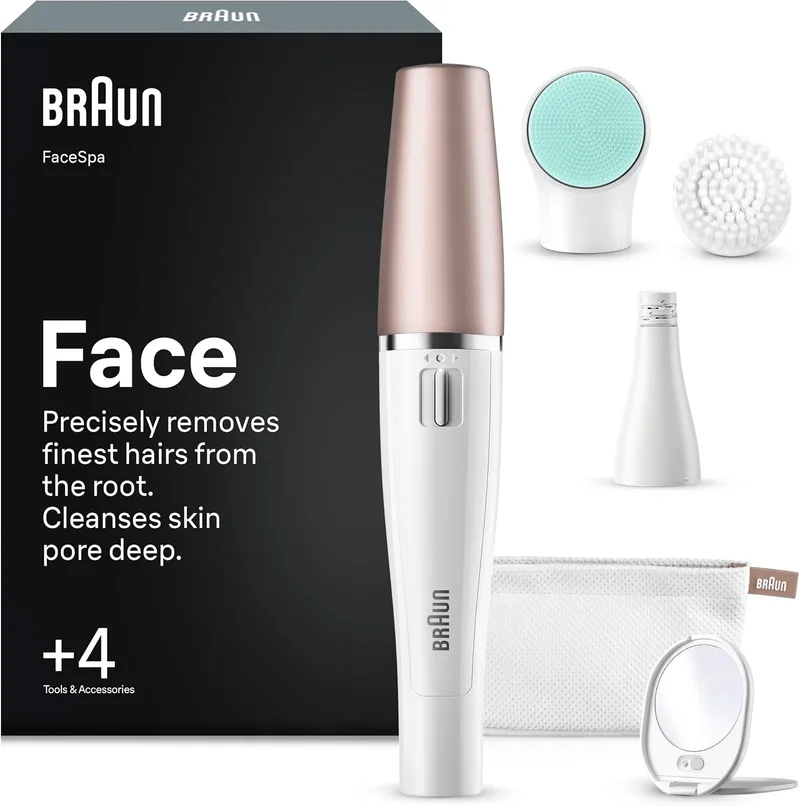 Braun ▫️ Depiladora facial FaceSpa para mulher com 4 acessórios, 851V, Branco/Bronze