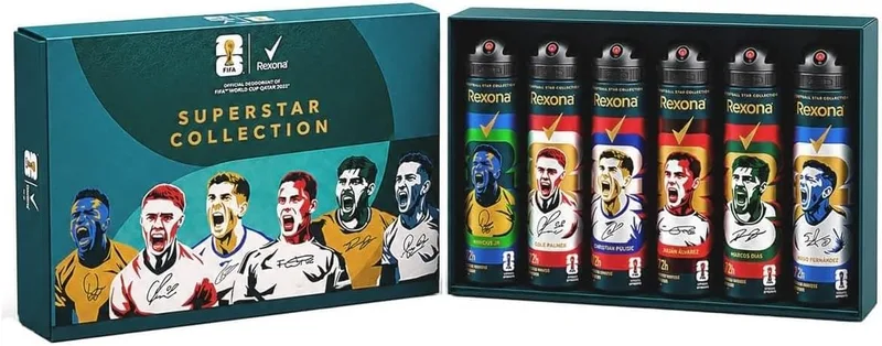 Rexona ▫️ Cofre de Presente FIFA World Cup 2026™ Superstar Collection, Desodorizantes em spray antitranspirantes para homem, 72 horas de proteção contra o suor e os odores, ideia para presente, Invisible Ice Fresh, 6 x 150 ml