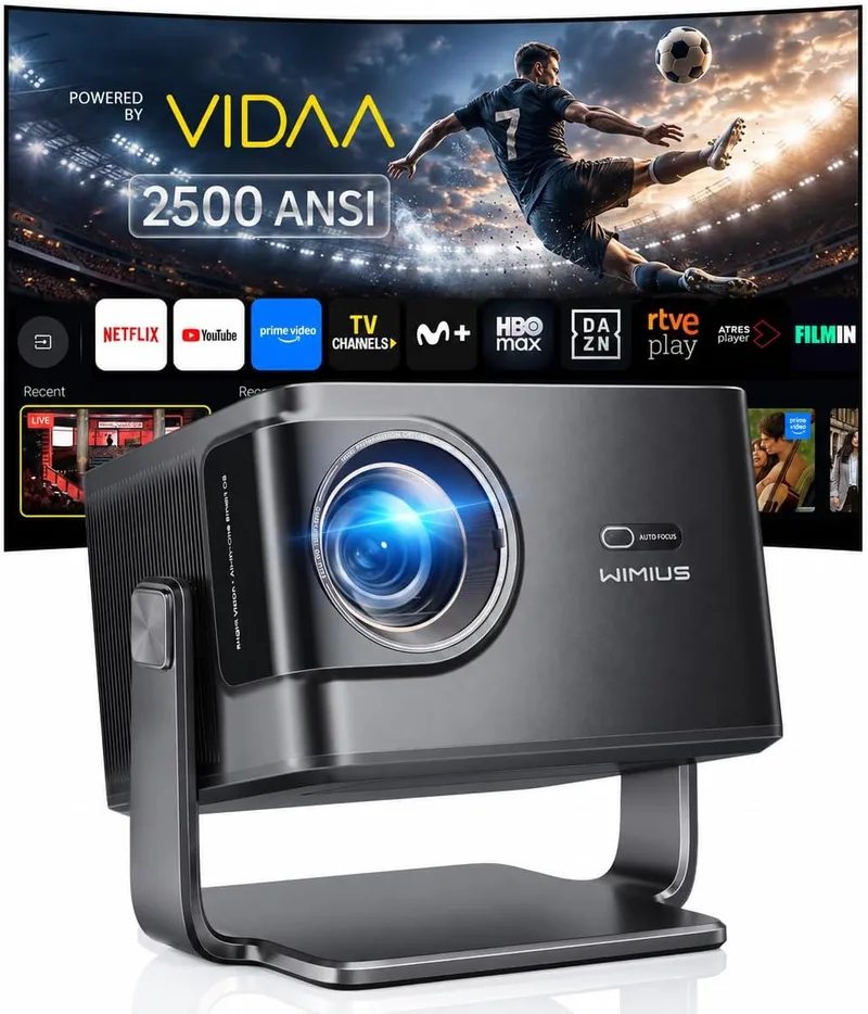 WiMiUS ▫️ Projetor 4K | 2500 ANSI ultrabrilhante | Sistema operativo VIDAA rápido e fluido | Dolby Audio 56 W | Projetor para exterior para cinema no jardim, FHD 1080p nativo, focagem automática com IA, HDMI 2.1, HDR10, Cinema em casa