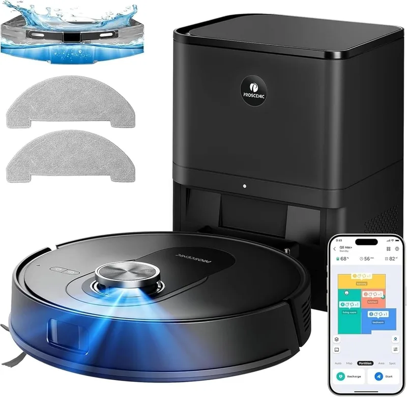 proscenic ▫️ Robô aspirador e esfregador de pisos Q8 MAX+, potente com 8000 Pa/200 min, com navegação LDS e evasão automática de obstáculos, base de esvaziamento automático de 3 L, controlo por aplicação/comando à distância/voz, alcatifas/pêlos de animais de estimação/pavimentos