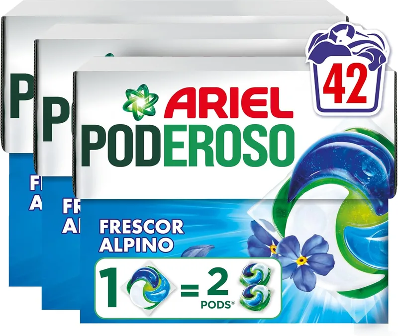 Ariel ▫️ PODs PODEROSO, Detergente Líquido em Cápsulas para 14 Lavagens, Frescor dos Alpes, com Aditivos Integrados, Removedor de Manchas e Eliminador de Odores X2 (Embalagem de 3)