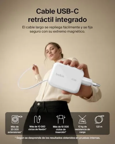 Belkin ▫️ Carregador USB-C UltraCharge de 45 W com cabo USB-C retrátil de 0,8 m e porta USB Tipo C, carregador de parede Tipo C, carregamento rápido para as séries iPhone 17 e 16, série Galaxy S26, AirPods e MacBook 3
