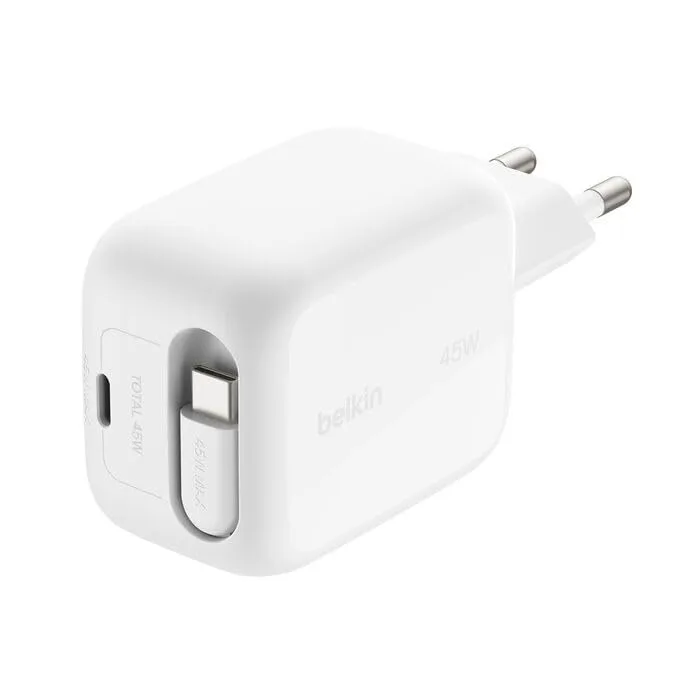 Belkin ▫️ Carregador USB-C UltraCharge de 45 W com cabo USB-C retrátil de 0,8 m e porta USB Tipo C, carregador de parede Tipo C, carregamento rápido para as séries iPhone 17 e 16, série Galaxy S26, AirPods e MacBook 4