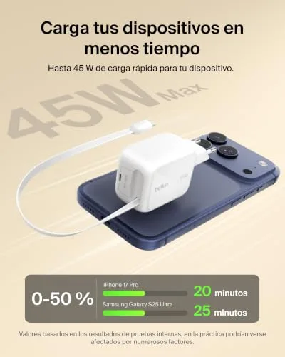 Belkin ▫️ Carregador USB-C UltraCharge de 45 W com cabo USB-C retrátil de 0,8 m e porta USB Tipo C, carregador de parede Tipo C, carregamento rápido para as séries iPhone 17 e 16, série Galaxy S26, AirPods e MacBook 5