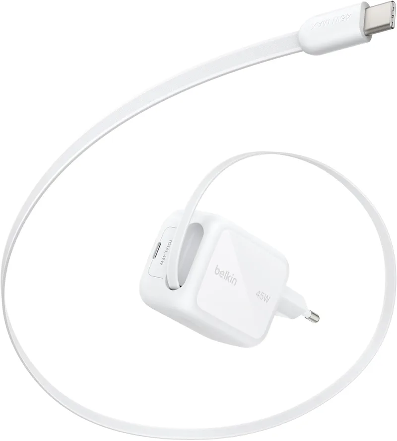 Belkin ▫️ Carregador USB-C UltraCharge de 45 W com cabo USB-C retrátil de 0,8 m e porta USB Tipo C, carregador de parede Tipo C, carregamento rápido para as séries iPhone 17 e 16, série Galaxy S26, AirPods e MacBook