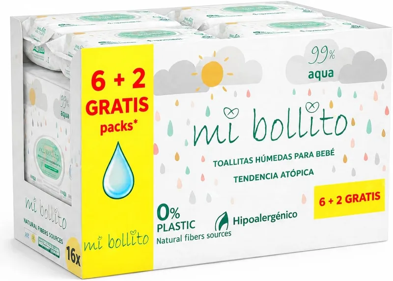 mi bollito ▫️ Toalhitas para bebés 99% Aqua Pure, 100% fibras vegetais, 480 toalhitas, 8 embalagens, pH neutro, pele sensível e atópica, sem perfume, adequadas para recém-nascidos (embalagem de 8)