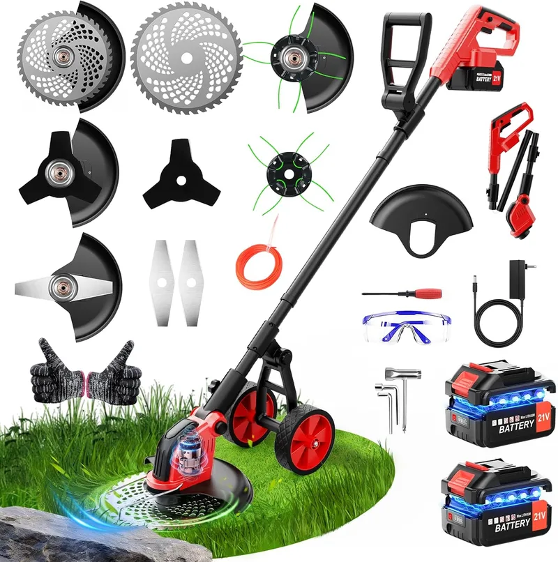denqir ▫️ Desbastador a bateria com rodas de 12 polegadas, aparador de relva elétrico de 800 W, 2 baterias de 6000 mAh, 4 tipos de lâminas intercambiáveis, desbastador elétrico para relva, jardim e pátio