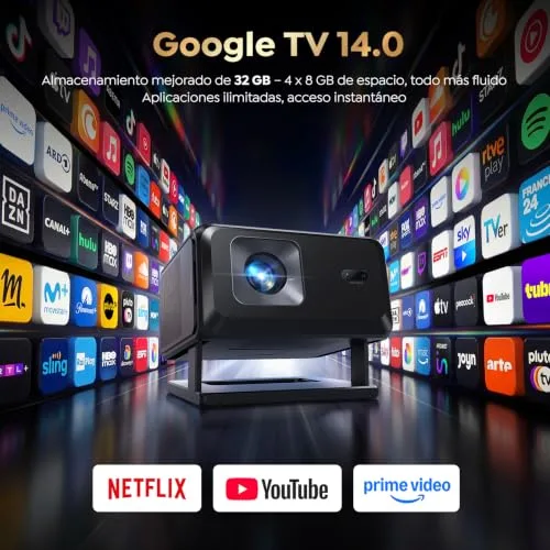 TOPTRO ▫️ Projetor 4K 【Google TV 14.0/Aplicações oficiais/Foco automático/Correção trapezoidal】 Projetor portátil com controlo por voz, 1080p FHD nativo, HDR10, Wi-Fi 6 e Bluetooth 5.3 – Projetor inteligente para uso no exterior/cinema em casa/projeção no teto/HDMI 2