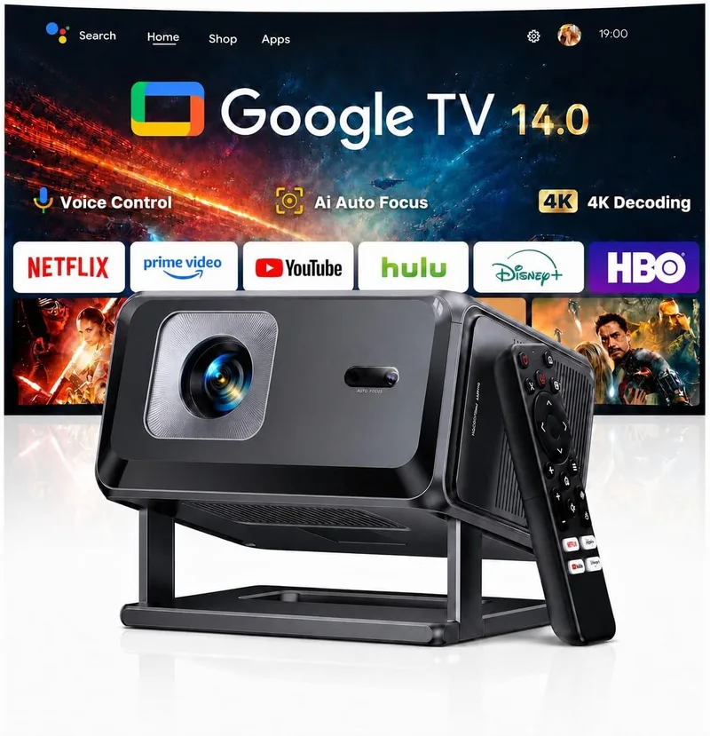 TOPTRO ▫️ Projetor 4K 【Google TV 14.0/Aplicações oficiais/Foco automático/Correção trapezoidal】 Projetor portátil com controlo por voz, 1080p FHD nativo, HDR10, Wi-Fi 6 e Bluetooth 5.3 – Projetor inteligente para uso no exterior/cinema em casa/projeção no teto/HDMI