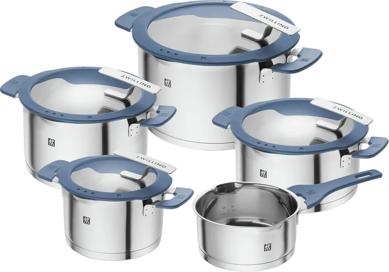 ZWILLING ▫️ Conjunto de panelas Simplify de 5 peças, com bico vertedor, pegas que não aquecem, adequadas para indução, aço inoxidável, azul