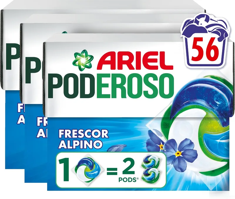 Ariel ▫️ PODs PODEROSO, Detergente Líquido em Cápsulas para 14 Lavagens, Frescor dos Alpes, com Aditivos Integrados, Removedor de Manchas e Eliminador de Odores X2 (Embalagem de 4)