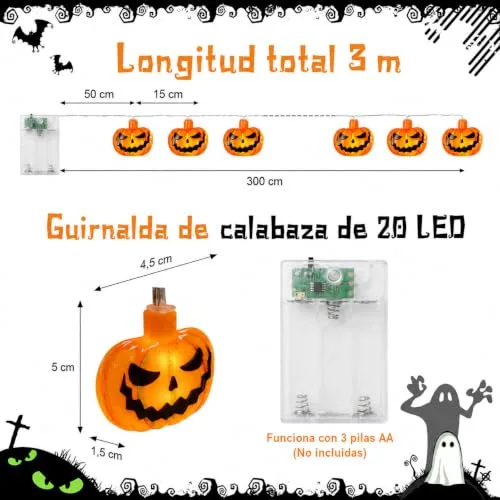 AGOTD ▫️ Guirlanda de luzes de Halloween, 3 m, 20 LEDs, abóbora, bateria externa com temporizador de 6 horas, resistente à água (IP65), para decoração de Halloween e festas temáticas de zombies 2