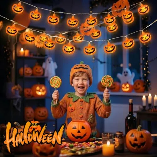 AGOTD ▫️ Guirlanda de luzes de Halloween, 3 m, 20 LEDs, abóbora, bateria externa com temporizador de 6 horas, resistente à água (IP65), para decoração de Halloween e festas temáticas de zombies 6