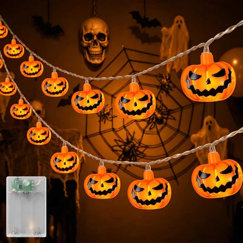 AGOTD ▫️ Guirlanda de luzes de Halloween, 3 m, 20 LEDs, abóbora, bateria externa com temporizador de 6 horas, resistente à água (IP65), para decoração de Halloween e festas temáticas de zombies