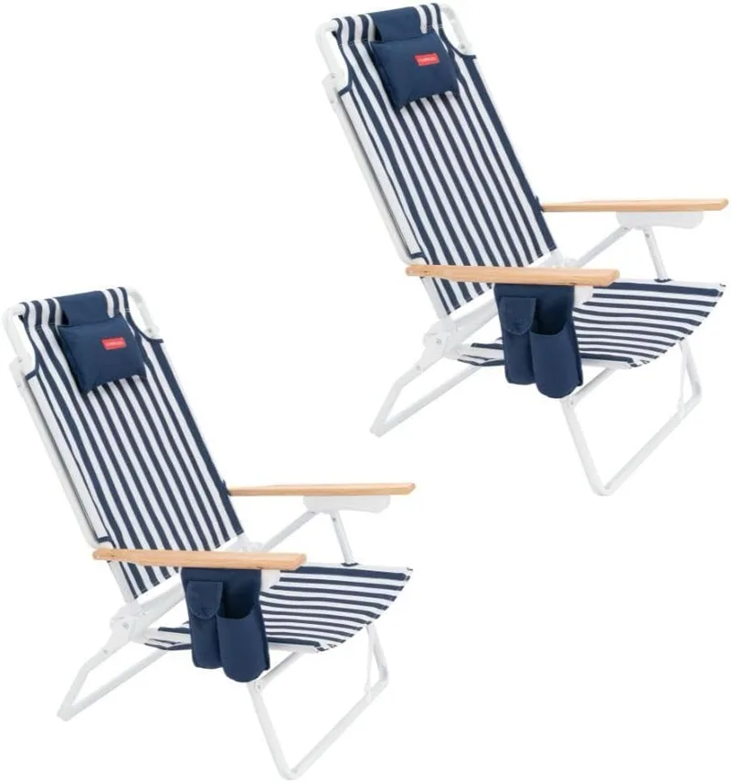 Flamingueo ▫️ Pack 2 Cadeiras de Praia Dobráveis - Reclináveis em 5 posições - Bolso térmico - Bolso para telemóvel - Alças tipo mochila - Almofada ergonómica - Alumínio e poliéster - Azul