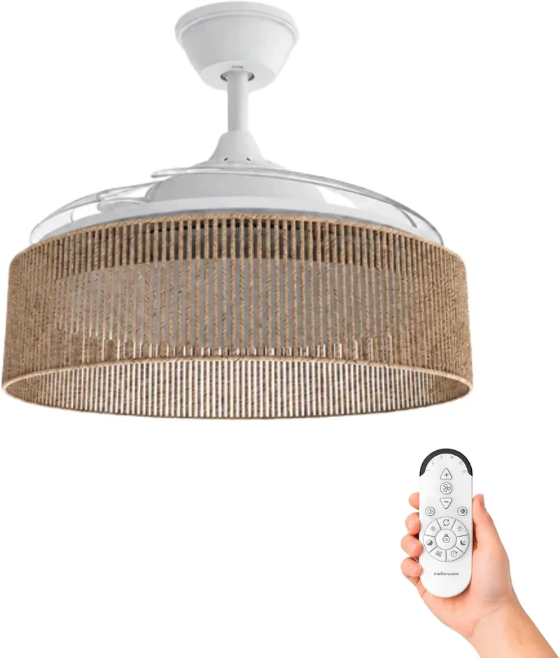 Mellerware ▫️ Ventilador de teto com luz e candeeiro Brizy Bright Rattan | 3 pás com 106 de diâmetro | 40 W | 6 velocidades, ultrassilencioso | Função verão-inverno | Temporizador | LED