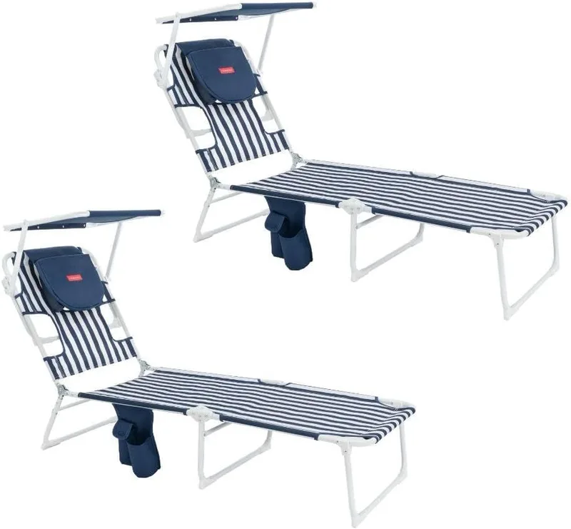 Flamingueo ▫️ Conjunto de 2 espreguiçadeiras dobráveis - 5 posições - Guarda-sol ajustável com proteção UPF 50+ - Orifícios para a cabeça e os braços - Almofada ergonómica - Alumínio e poliéster