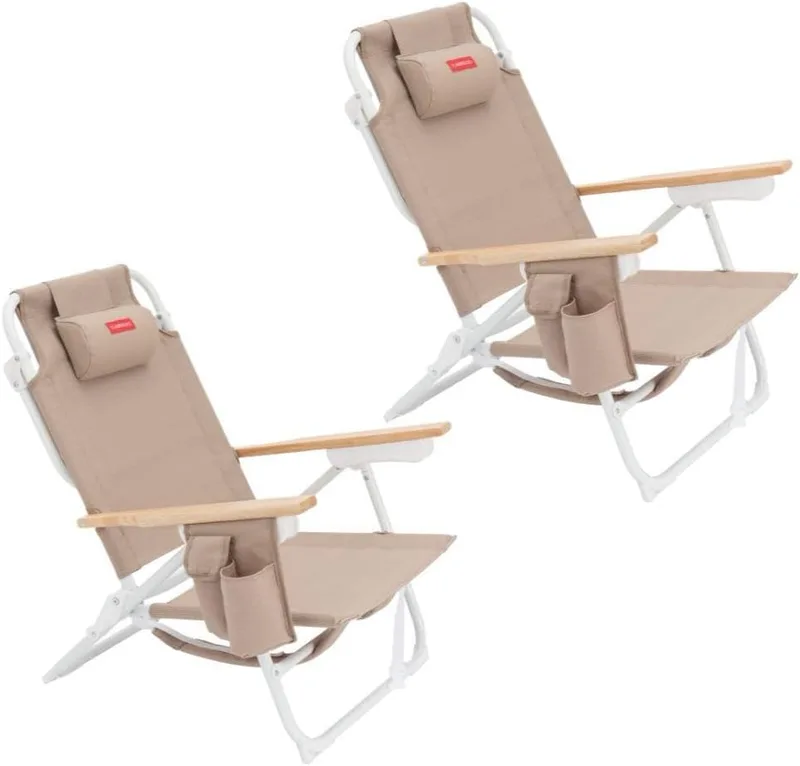 Flamingueo ▫️ Conjunto de 2 cadeiras de praia ou de campismo dobráveis - Reclináveis em 5 posições - Bolso térmico - Bolso para telemóvel - Alças tipo mochila - Almofada ergonómica - Alumínio e Textileno