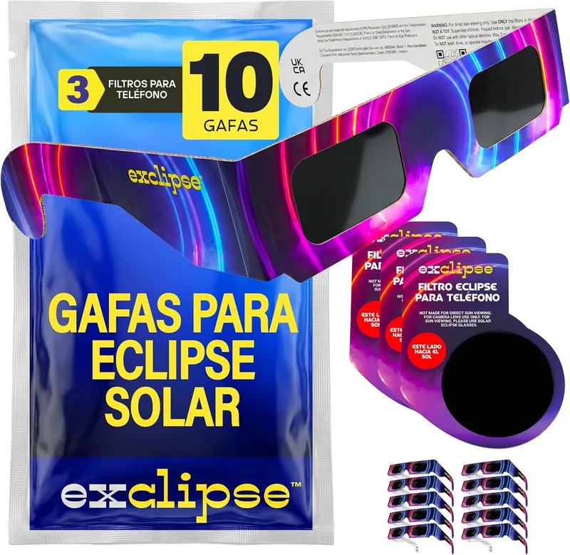 exclipse ▫️ 10 Óculos para o Eclipse Solar com 3 Filtros para Telemóvel – Certificados pela norma ISO 12312-2, CE e UKCA, Kit Completo para Observar e Fotografar o Eclipse de 2026