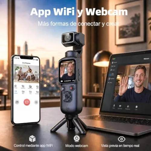 MNIFTO ▫️ Câmara Vlog 4K, Gimbal CAM com deteção facial, lente giratória de 180°, câmara Vlog com Wi-Fi para desporto e vlogging, viagens 4