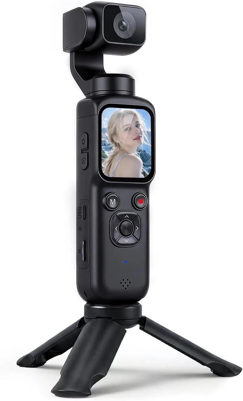 MNIFTO ▫️ Câmara Vlog 4K, Gimbal CAM com deteção facial, lente giratória de 180°, câmara Vlog com Wi-Fi para desporto e vlogging, viagens