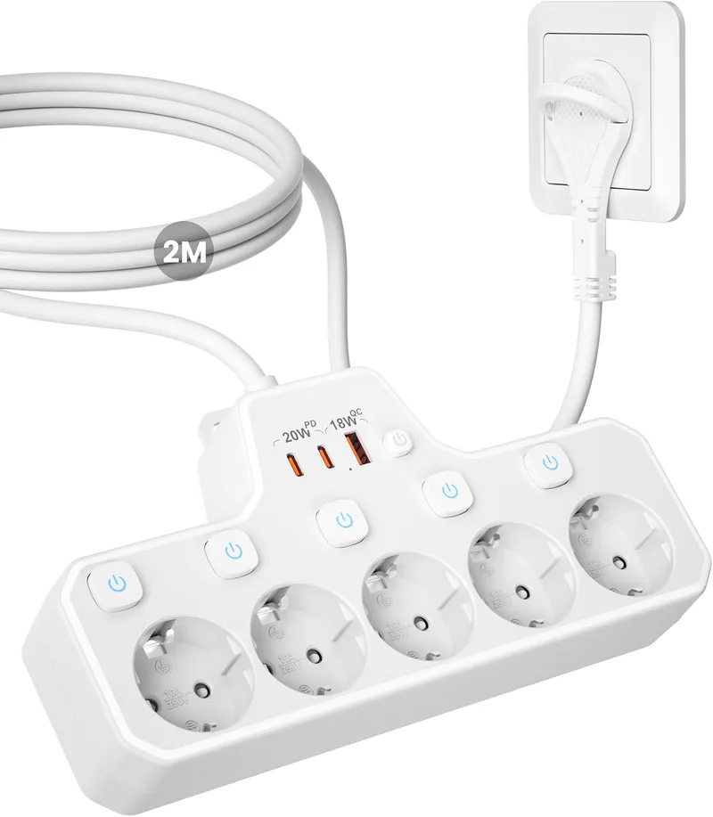 oorkyzz ▫️ Multiprise com tomadas planas, Multiprise de 5 tomadas com USB-C PD 20 W e carregamento rápido, Multiprise de parede com interruptor individual, Multiprise extraplano com cabo de extensão de 2 m, Proteção contra sobretensão, Para casa e escritório, Branco