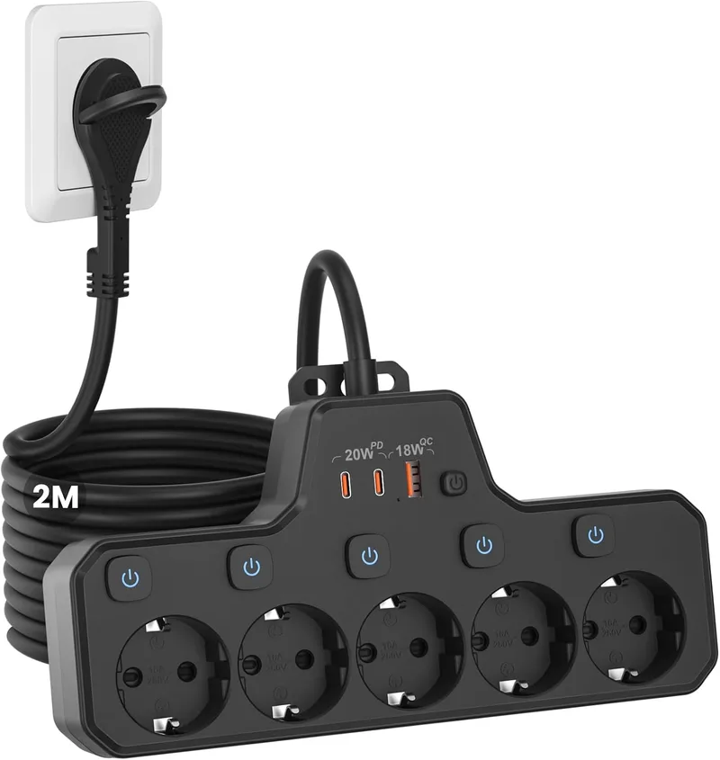 Kiykzi ▫️ Multiprise com tomadas planas, multiprise de 5 tomadas com USB-C e carregamento rápido PD 20 W, preto | Multiprise com interruptor individual, multiprise de parede extraplana, proteção contra sobretensão, cabo de 2 m, para escritórios e cozinhas