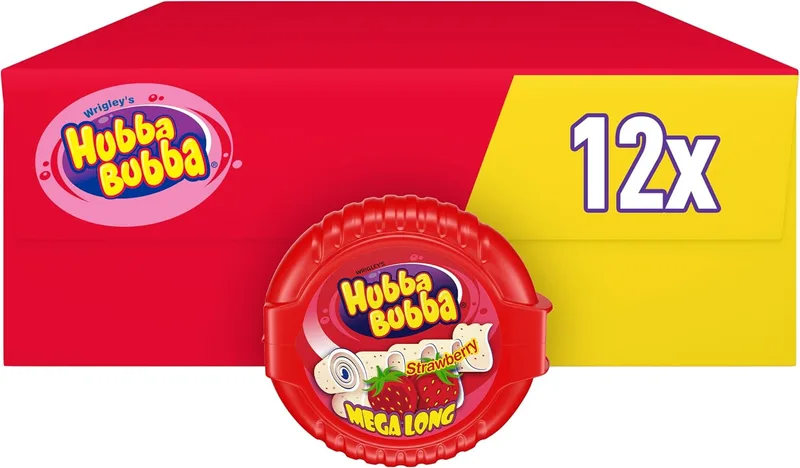 Hubba Bubba ▫️ pastilhas elásticas em rolo, sabor a morango, 180 cm, embalagem com 12 rolos de pastilhas elásticas, tamanho perfeito para guloseimas, ideal para partilhar, como presente doce ou para ter sempre um hálito fresco