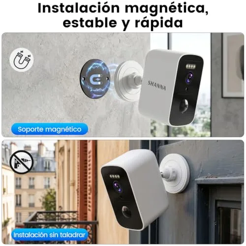 SHANNA ▫️ Câmara de vigilância Wi-Fi para exterior com bateria de 5200 mAh – Armazenamento na nuvem gratuito, montagem magnética; câmara de vigilância para exterior com Wi-Fi de 5 GHz e 2,4 GHz, deteção de movimento, visão noturna a cores com IA, IP66 2