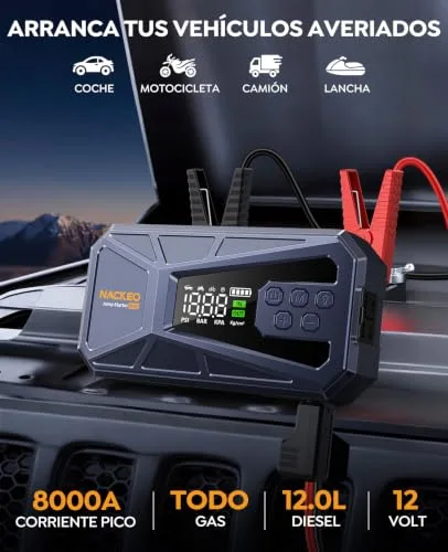 NACKEO ▫️ Arrancador de baterias de automóvel de 8000 A com compressor de 160 PSI, Arrancador portátil de 12 V para automóveis (a gasolina ou 12 L de gasóleo), com lanterna LED, ecrã LCD e carregamento rápido 2