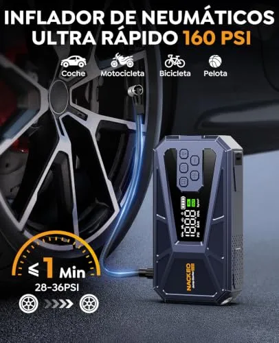 NACKEO ▫️ Arrancador de baterias de automóvel de 8000 A com compressor de 160 PSI, Arrancador portátil de 12 V para automóveis (a gasolina ou 12 L de gasóleo), com lanterna LED, ecrã LCD e carregamento rápido 3