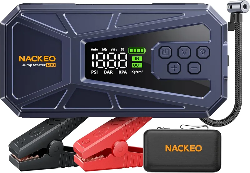 NACKEO ▫️ Arrancador de baterias de automóvel de 8000 A com compressor de 160 PSI, Arrancador portátil de 12 V para automóveis (a gasolina ou 12 L de gasóleo), com lanterna LED, ecrã LCD e carregamento rápido