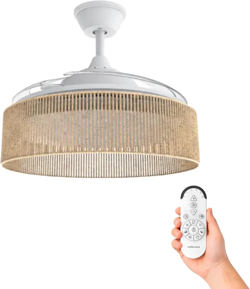 Mellerware ▫️ Ventilador de teto com luz e candeeiro Brizy Bright Rattan Sand | 3 pás com 106 de diâmetro | 40 W | 6 velocidades, ultrassilencioso | Função verão-inverno | Temporizador | LED