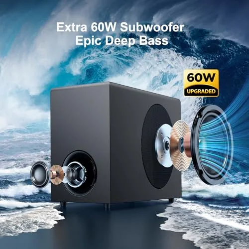 GarageRock ▫️ Barra de Som com Subwoofer para TV, Sistema de Cinema em Casa de 110 W com Graves Profundos, Aumento de Volume e 3 Modos de Equalização, Bluetooth 5.3/ARC/Opt/AUX, Sistema de Som Surround para TV/PC/Projetores 5