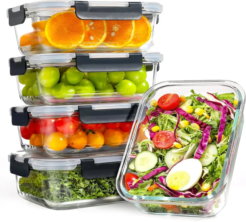 YASHE ▫️ Conjunto de 5 recipientes de vidro com tampas, 1040 ml, resistentes e duradouros, recipientes de vidro empilháveis e herméticos para preparação de refeições, armazenamento de alimentos sem BPA, Preto