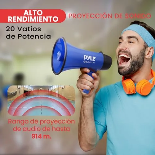 Pyle ▫️ Altifalante portátil Megáfono Siren Bullhorn – Compacto e alimentado a bateria, com 20 W de potência, microfone, 2 modos, som PA e pega dobrável para animadores de clube e uso policial 2