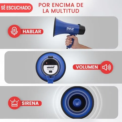 Pyle ▫️ Altifalante portátil Megáfono Siren Bullhorn – Compacto e alimentado a bateria, com 20 W de potência, microfone, 2 modos, som PA e pega dobrável para animadores de clube e uso policial 3
