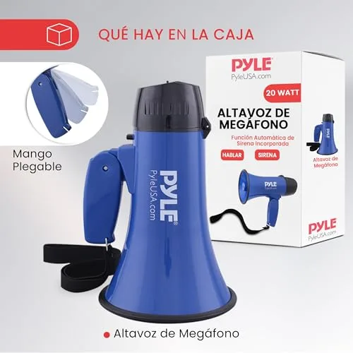 Pyle ▫️ Altifalante portátil Megáfono Siren Bullhorn – Compacto e alimentado a bateria, com 20 W de potência, microfone, 2 modos, som PA e pega dobrável para animadores de clube e uso policial 6
